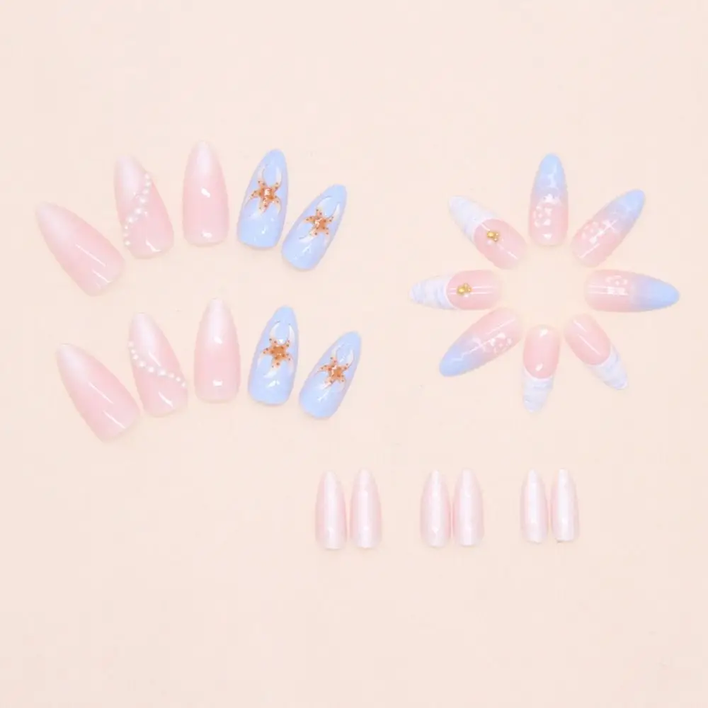 

24pcs Manicure Long Almond False Nails Flowers Starfish French Fake Nials Misty Blue Retro Detachable Nail Tips DIY