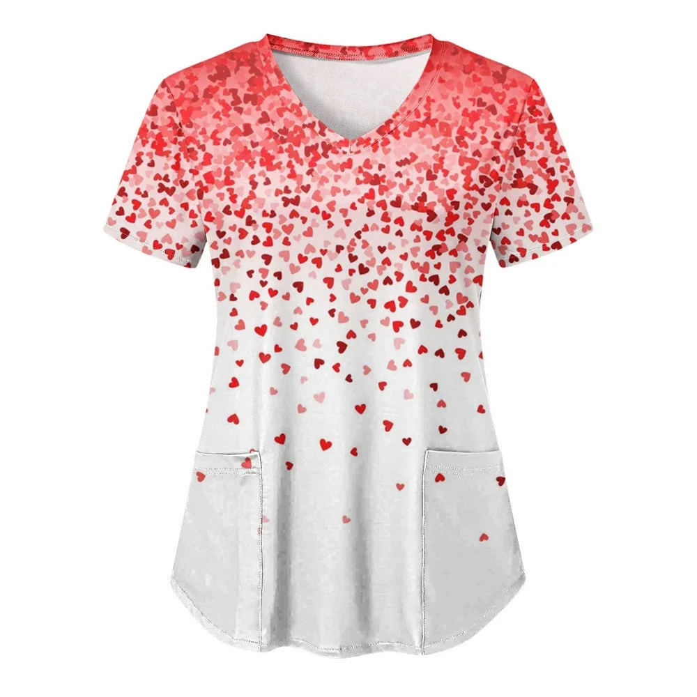Uniforms Women Medical Elegant Heart Print Fashion V-Neck Curable Medico Casual Patch Pocket Short Sleeve Scrub Medical Woman