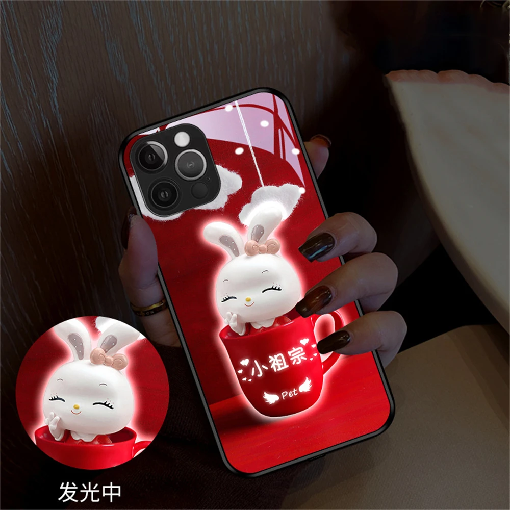 

So Cute Pet Design LED Light Up Glass Phone Case Back Cover For iPhone 15 14 13 12 11 X Xs Xr Mini Pro Max Plus 6 7 8 SE2020