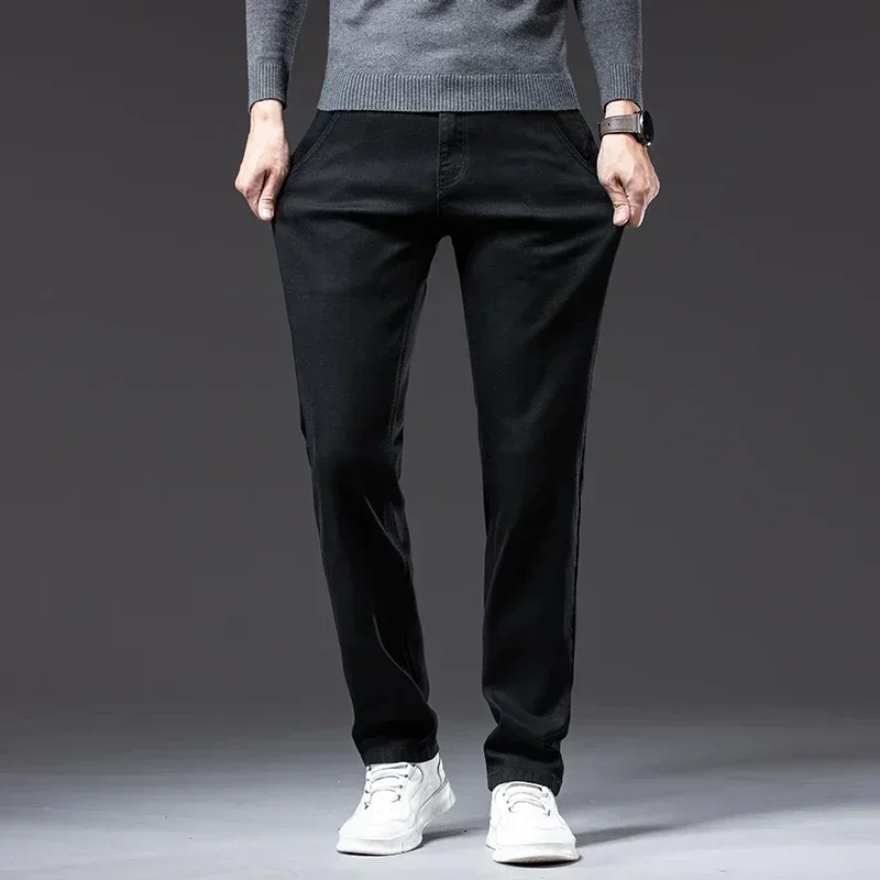 خريف جديد مكافحة سرقة سستة تصميم الرجال الجينز الأسود المستقيم الأعمال عادية تمتد الأقمشة الدنيم السراويل الذكور العلامة التجارية بنطلون