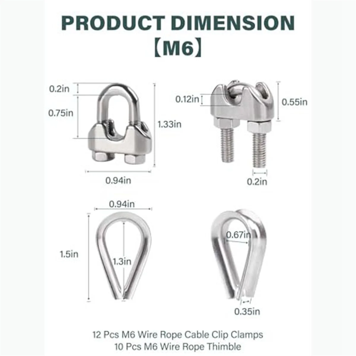 Hanger 1/4 Inch M6 Wire Rope Cable Clamp Thimble Cable Clamp Kit for 1/4 Inch Wire Rope Cable Thimble Rigging,12 Set