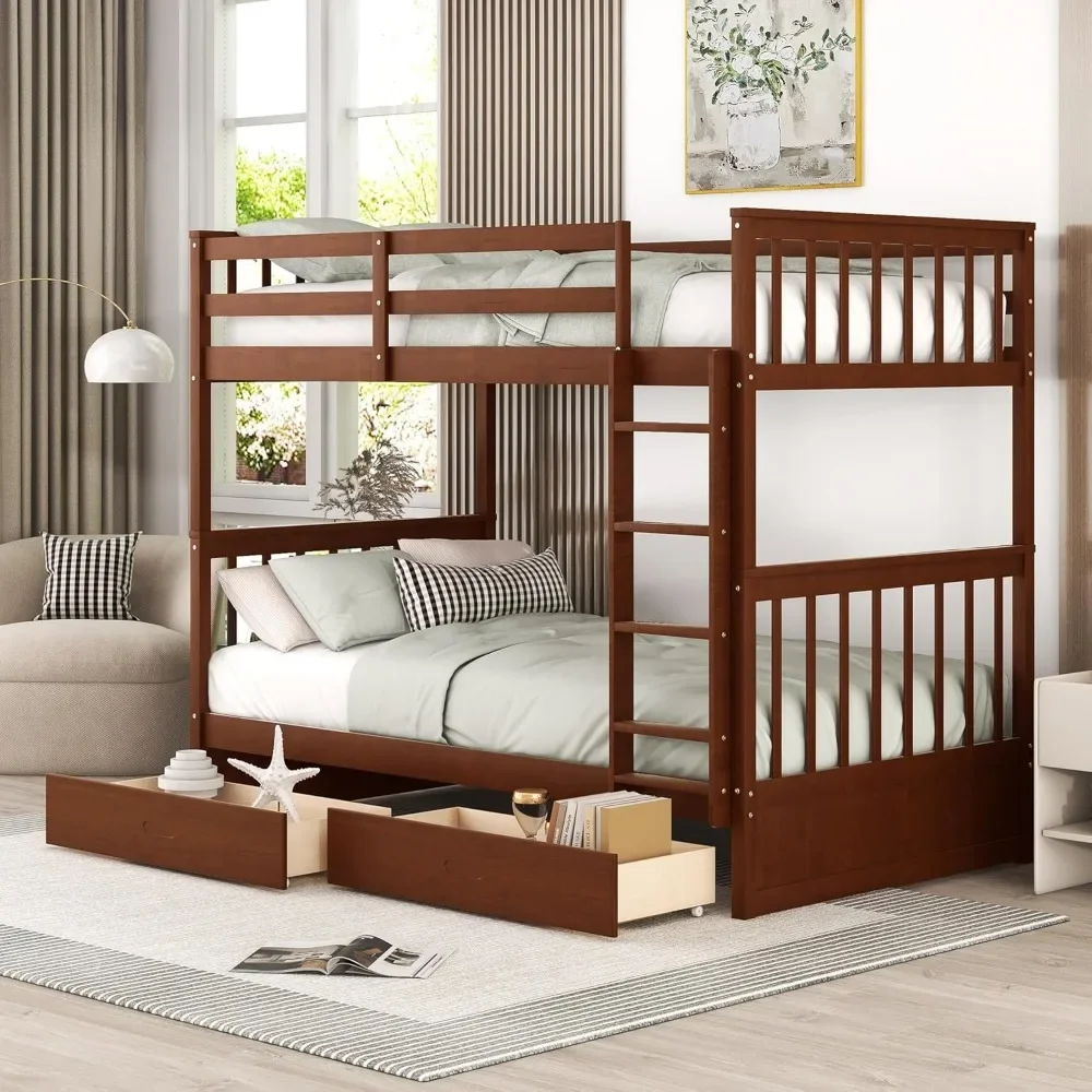 

Wood Bunk Bed with Drawers, Convertible Wood Bunk Bed with Ladders and Two Storage Drawers,Solid Wood Detachable Bunk Bed Frame