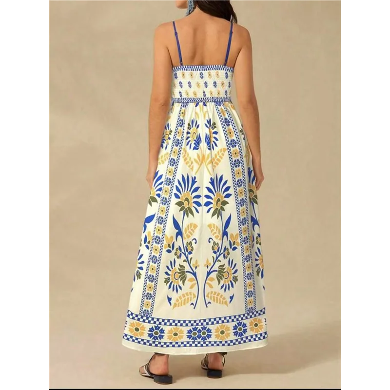 ใหม่-สตรี 2025 ฤดูร้อนดอกไม้Maxiชุดสปาเก็ตตี้พิมพ์Smocked Boho Beachชุดยาว
