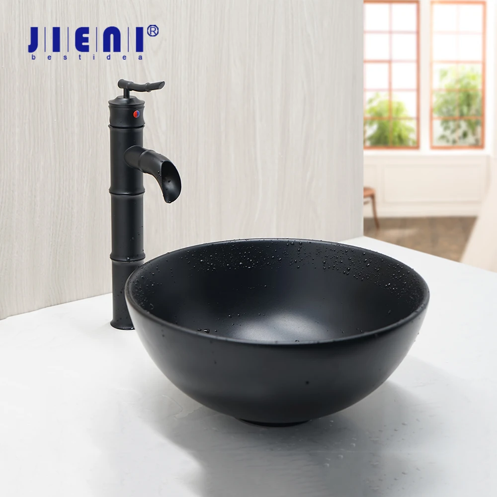 JIENI Black & White Ceramic Washbasin Vessel Lavatory Basin Bathroom Sink Bath Combine Deck Mounted Brass Faucet Mixers & Taps