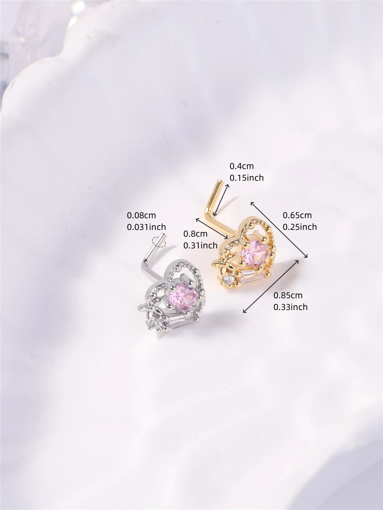 20G L Shaped Nose Studs Rings Cute Pink Heart CZ Shiny Love Stone Gold Silver Color Nose Piercing for Women Girl Nostril Jewelry