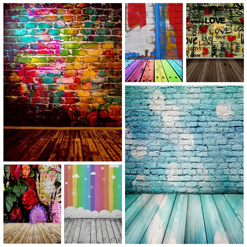 

Colorful Brick Wall Wooden Floor Photography Backdrops Graffiti Vintage Portrait Photo Backgrounds Photophone Photo Studio Props