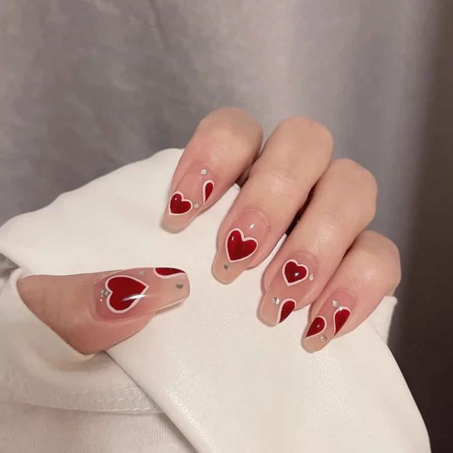 

24P/Set Red Love Heart Ballet Wearing False Nails Art Diamante Design Acrylic Press on Nail Artificial Full Cover Stick on Nails