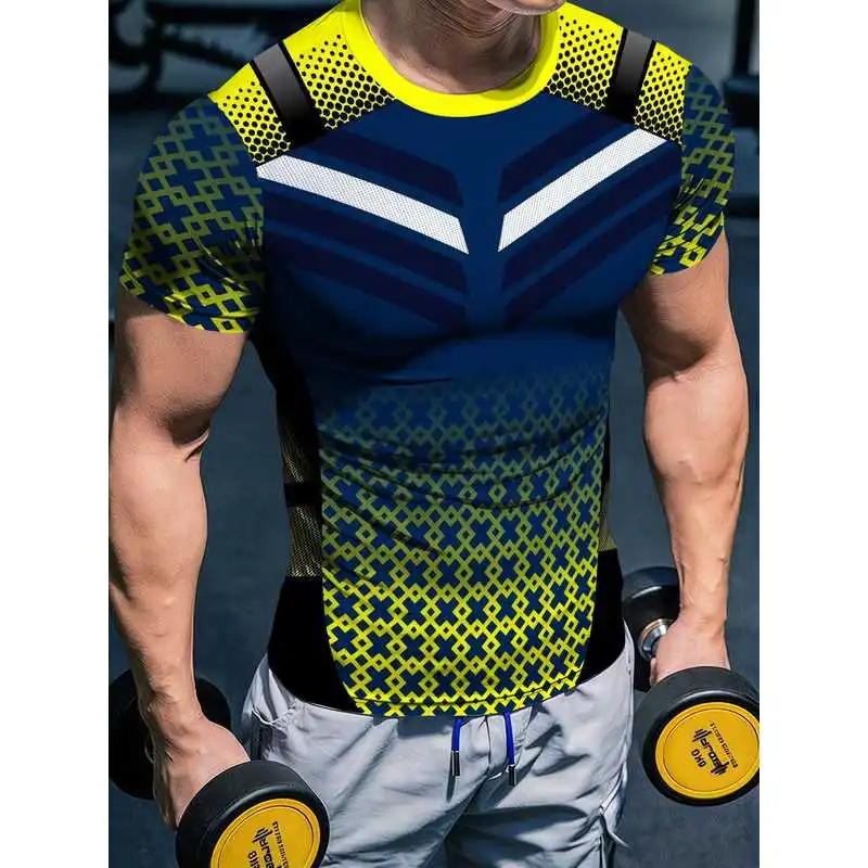 Men'S High-Stretch Quick-Dry Navy Yellow Gradient Fitness Top Geometric Line Athletic Short Sleeve Tight Body-Hugging Muscle-Def