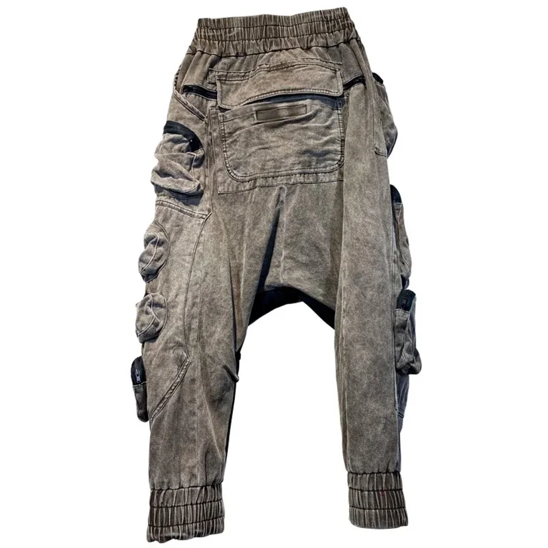 

Vintage Men's Waste Soil Style Asymmetric Multi Bag Cargo Pants Elastic Waist Octagonal Feet Darkwear Distressed Trousers Men