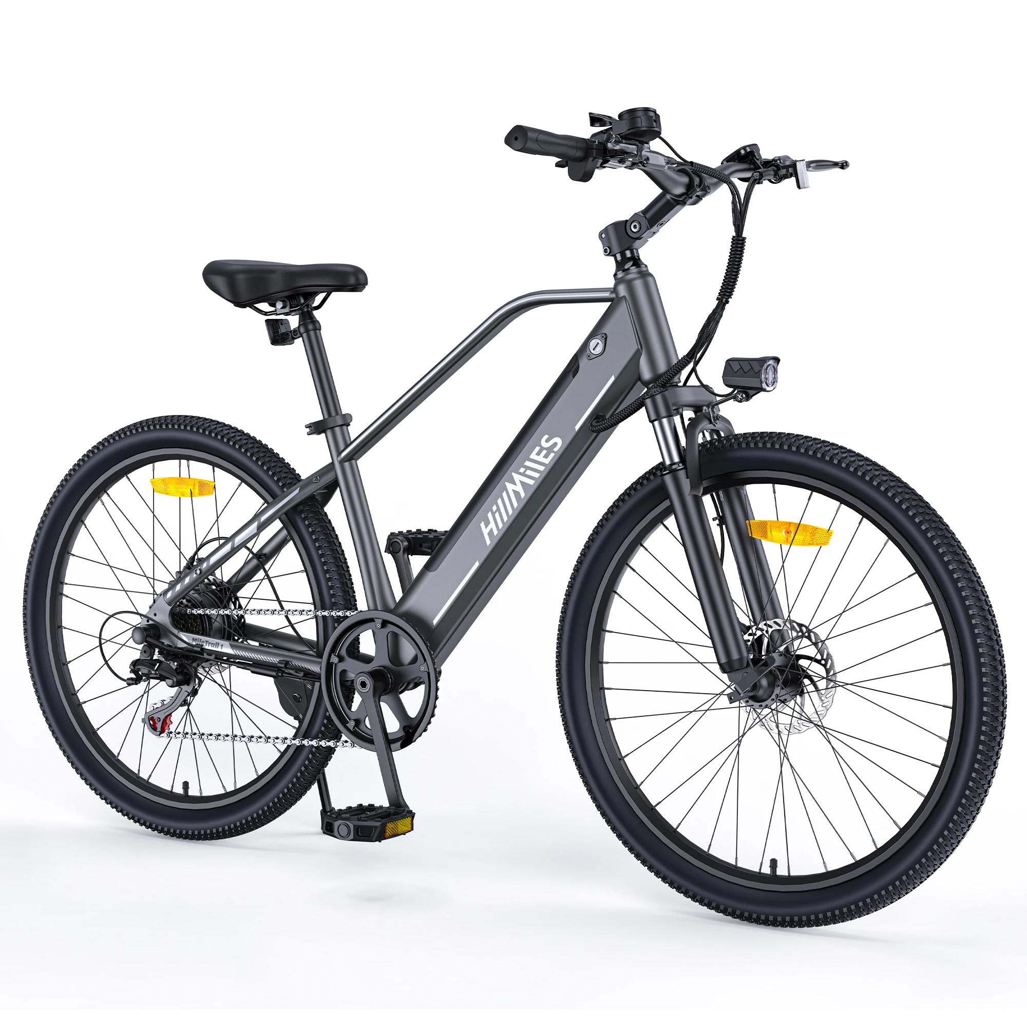 HillMiles MileTrail elektrische mountainbike, 250W, 36V 13Ah accu, 25 km/u, voorvering, 7 versnellingen, mechanische schijfremmen