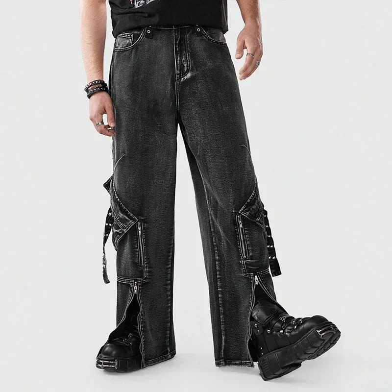 New Style Spring and Autumn Zippered Multi-pocket Trendy Flared American High Street Straight-leg Wide-leg Men's Jeans.