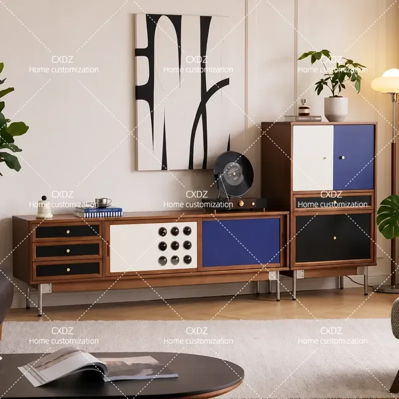 Medieval Solid Wood TV Cabinet Small Apartment Living Room Locker Audio Visual Cabinet Double Color Storage Unit