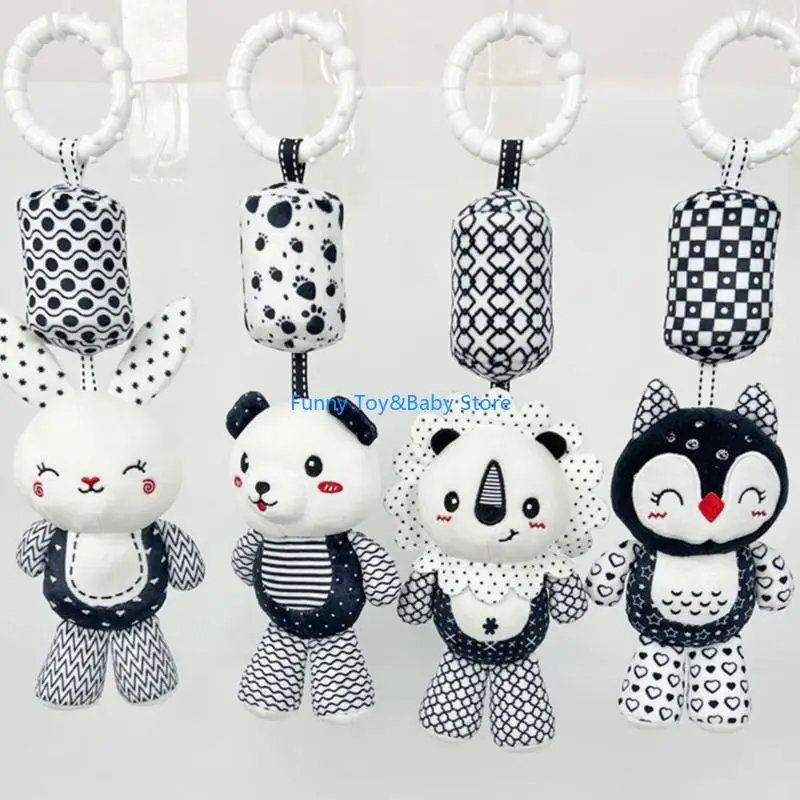 Cũi Bé Động Đen Trắng Kích Thích Thị Giác Mềm Mại Sang Trọng Động Vật Có Chuông Lục Lạc Cho Trẻ Sơ Sinh Xe Đẩy Giường Móc