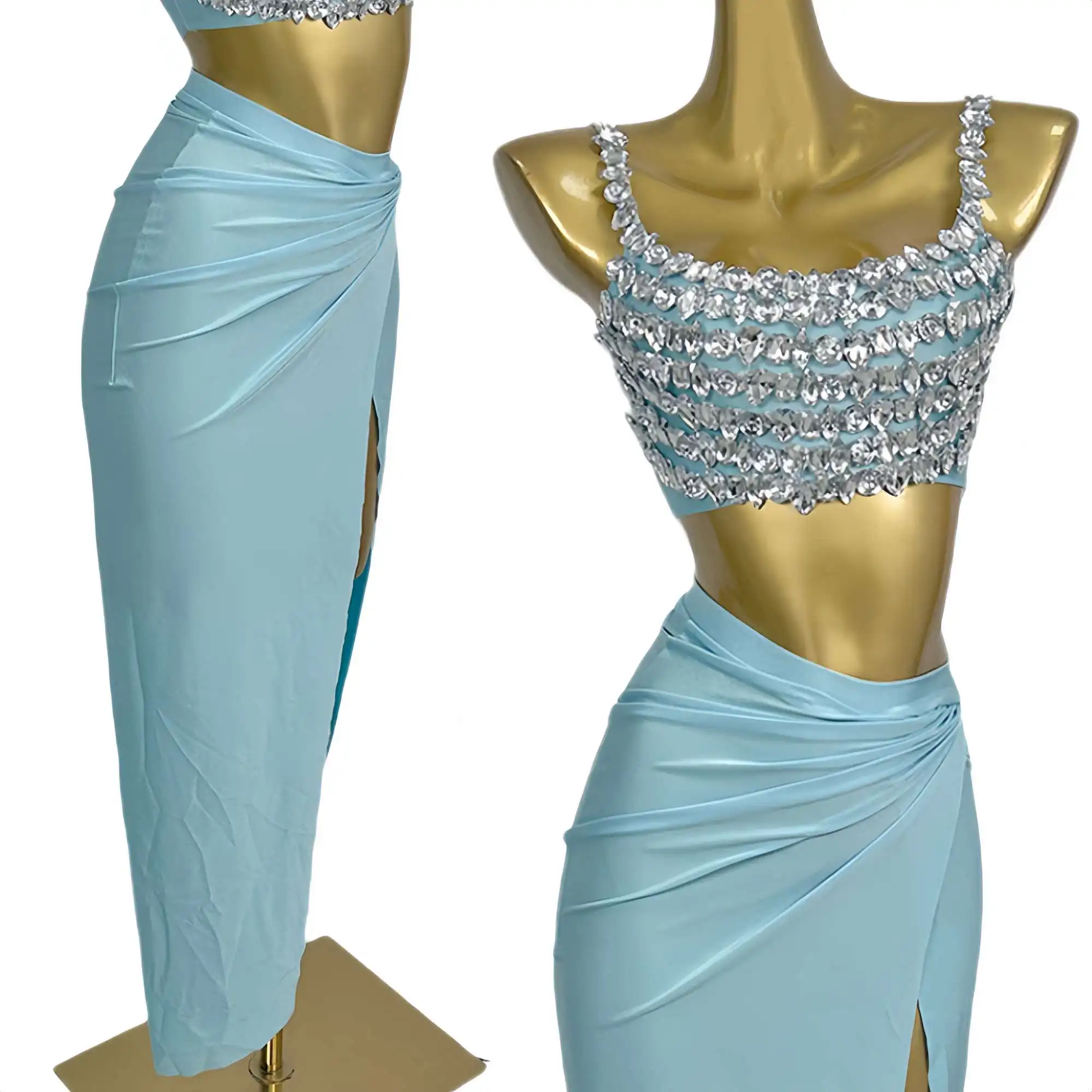 

Sparkly Crystals Spandex Crop Tops Long Skirt 2Pieces Set Sexy Women Slip Vest Outfit Night Stage Dance Performance Wear Beixin