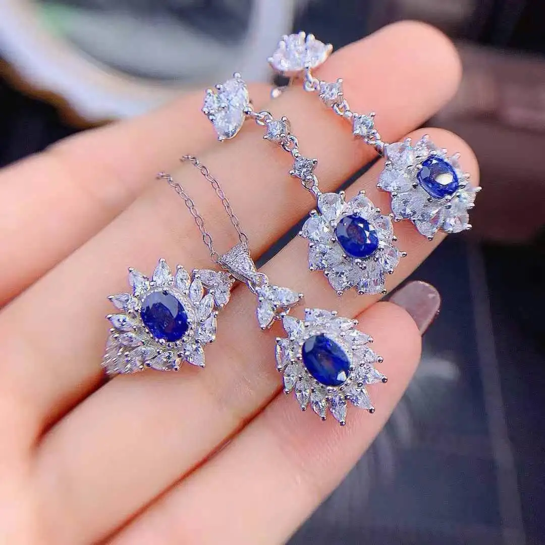 Sapphire Set Natural Real Sapphire 925 Sterling Silver Luxury Women Wedding Jewelry set 1pc ring,1pc pendant,2pcs earrings