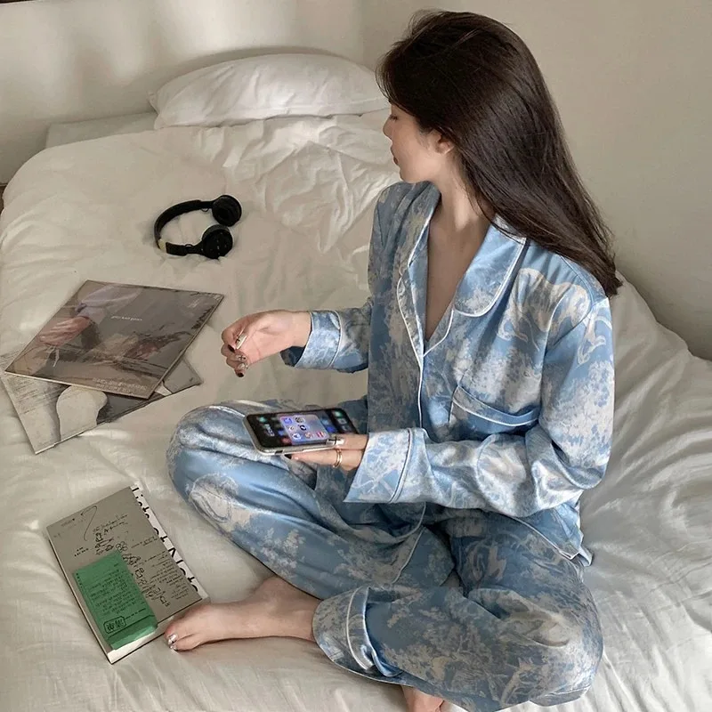 2023 Autumn New Ice Silk Women Pajama Lapel Button Cardigan Outfits for Women 2 Piece Set Fashion Printing Set Clothes for Women 2