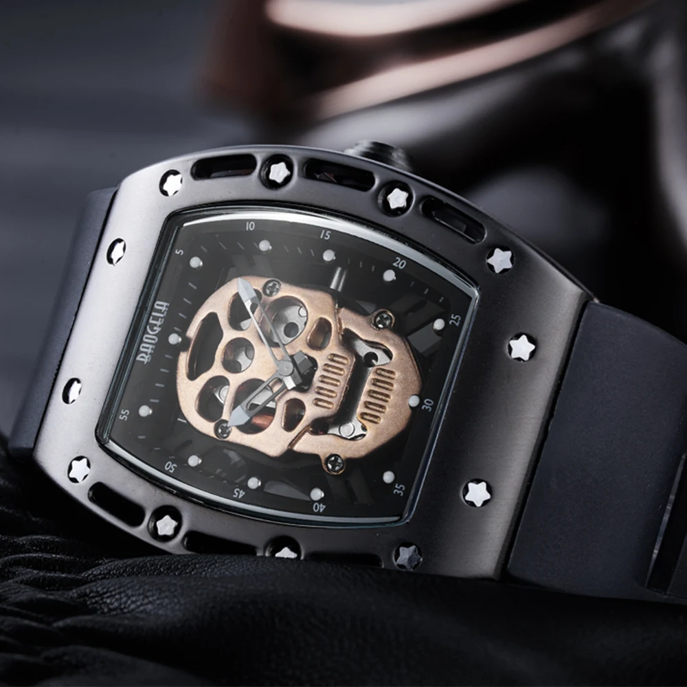 Large Men Watch Sports Trendy Black Rose Gold Skull Hollow-out On Dial Watch Silicone Strap Quartz Mille Watch For Big Wrist Man