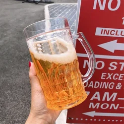 크리에이티브 쿨 더블 레이어 가짜 맥주 잔, 손잡이가 있는 두꺼운 컵, 투명 머그, 놀리는 용품, 450ml