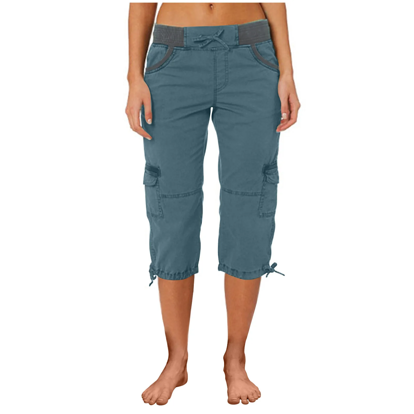 2026 Women's Summer Casual High Waist Drawstring Pocket Workwear Pants Solid Loose Wide Leg Extendable Cuffs 7-inch Pants Female