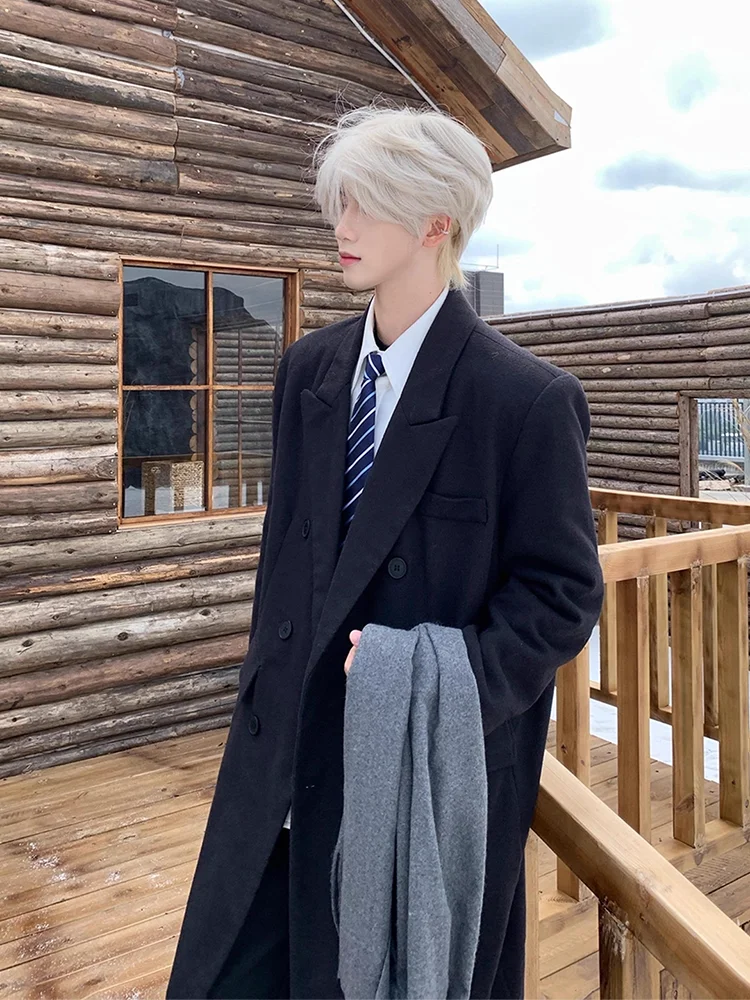 

Briti Sle Men's Woolen Coat Double Row Buttons Knee-Length Overcoat Jaet Cool Sle Youth ular Loose Fit Autumn Wear