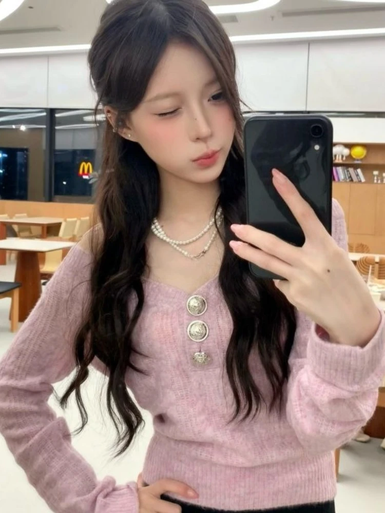 

Y2k Aesthetic Sweet Twist Sweaters Grunge Harajuku Sexy Knitted Slim Fit Pullover 2025 Autumn Streetwear Button Jumpers Women