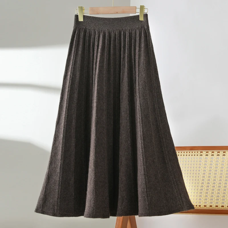 New Women Autumn Winter Wool Skirt Long Pleated Umbrella skirt100% Merino Wool Knitwear Grace Soft Dress Korean Style Skirt