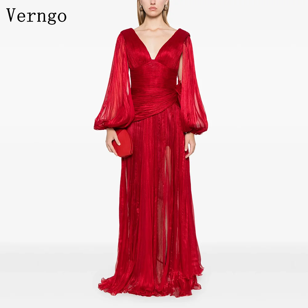 

Verngo Red Elegant Shiny Prom Gowns V Neck A Line Formal Occasion Dresses Women Modern Prom Party Dress Customized
