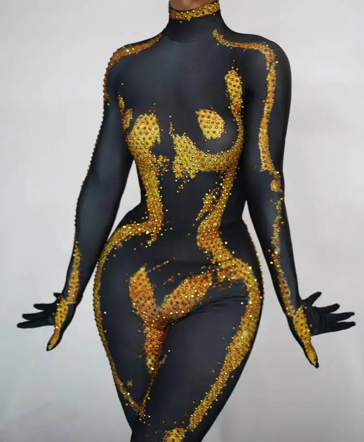 

Shiny Rhinestone Stretch Jumpsuit Womens Longsleeved Sexy Nightclub Party Singer Dancer Performance Stage Drag Queen Costume