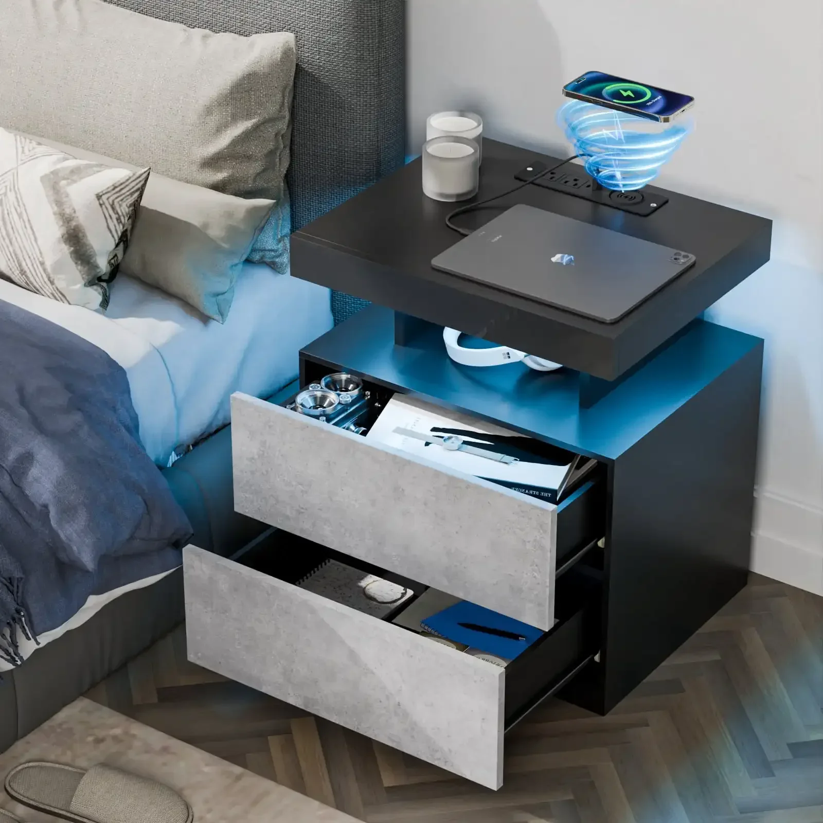 LED Nightstand with Wireless Charging Station Modern Nightstand Type C USB Port 2 Drawers Bedside Table