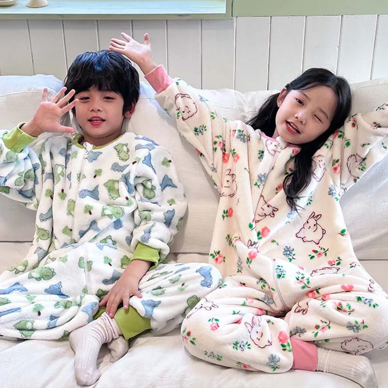 Winter Kids Onesie Pajamas Children Sleepwear Cartoon Dinosaur Panda Warm Plush Kid Jumpsuit for Boy Girl Nightwear Clothes 4-6Y