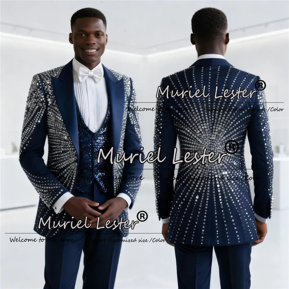 

Эксклюзивный костюм с кристаллами из бисера для мужчин, приталенный костюм с блестками и блестками, пиджаки для жениха, индивидуальный комплект из трех предметов, свадебные смокинги для выпускного вечера