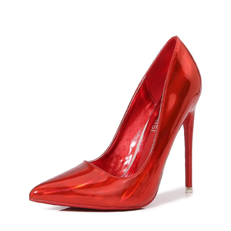 

2025 New Customized Large Size 12cm Pointed Fine Heel High Heels Women's Laser Shining Shallow Mouth Fashion Women's Shoes