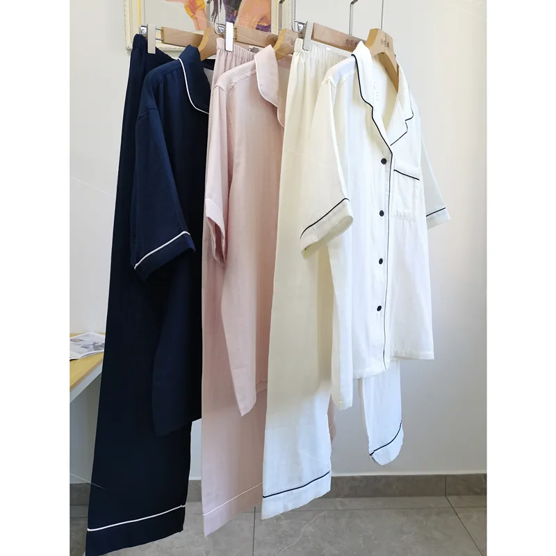 純綿半袖長ズボンパジャマセット二重層タグなしユニセックス夏新ソフト通気性ホーム服