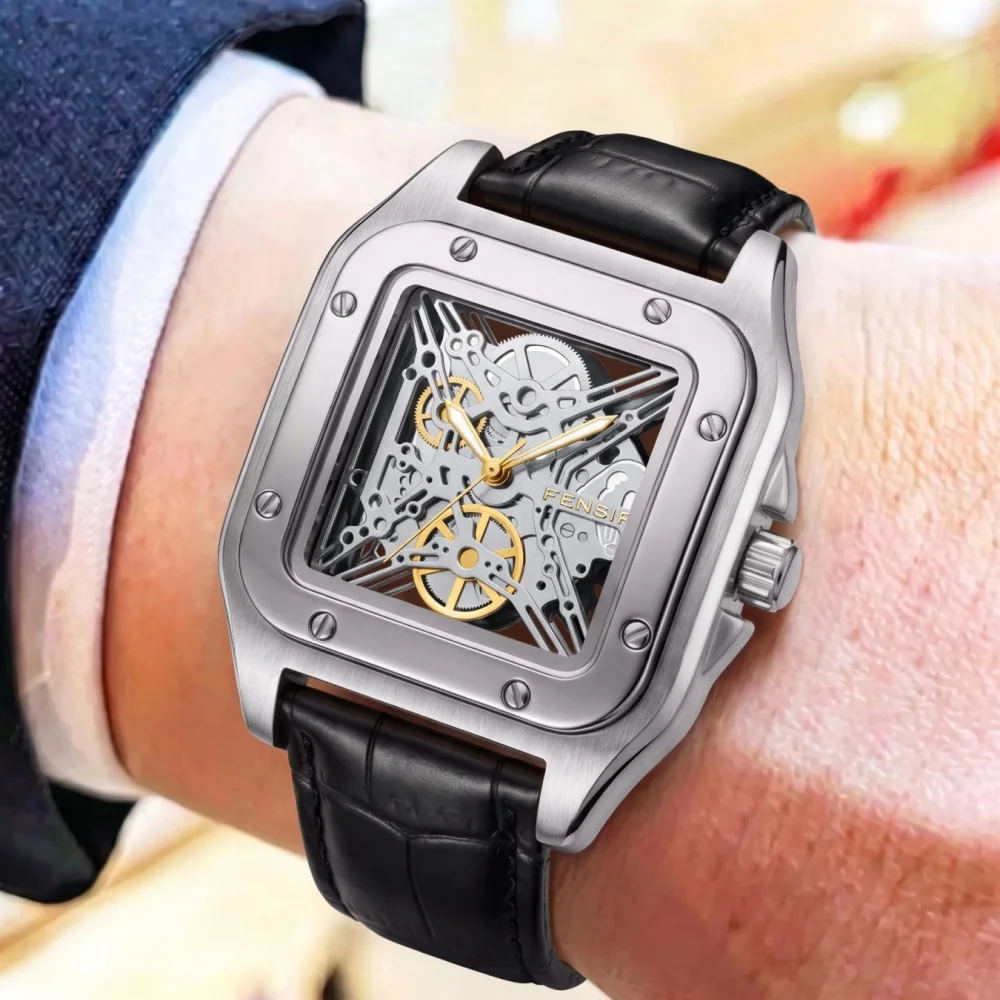 Classic Business Square Hollow-Out Quartz Men's Watch, Hollow-Out Mechanical-Style Dial, Durable Leather Strap, Waterproof, Stylish and Casual, Versatile Men's Wristwatch, Suitable for Daily Wear, Holiday Gifts