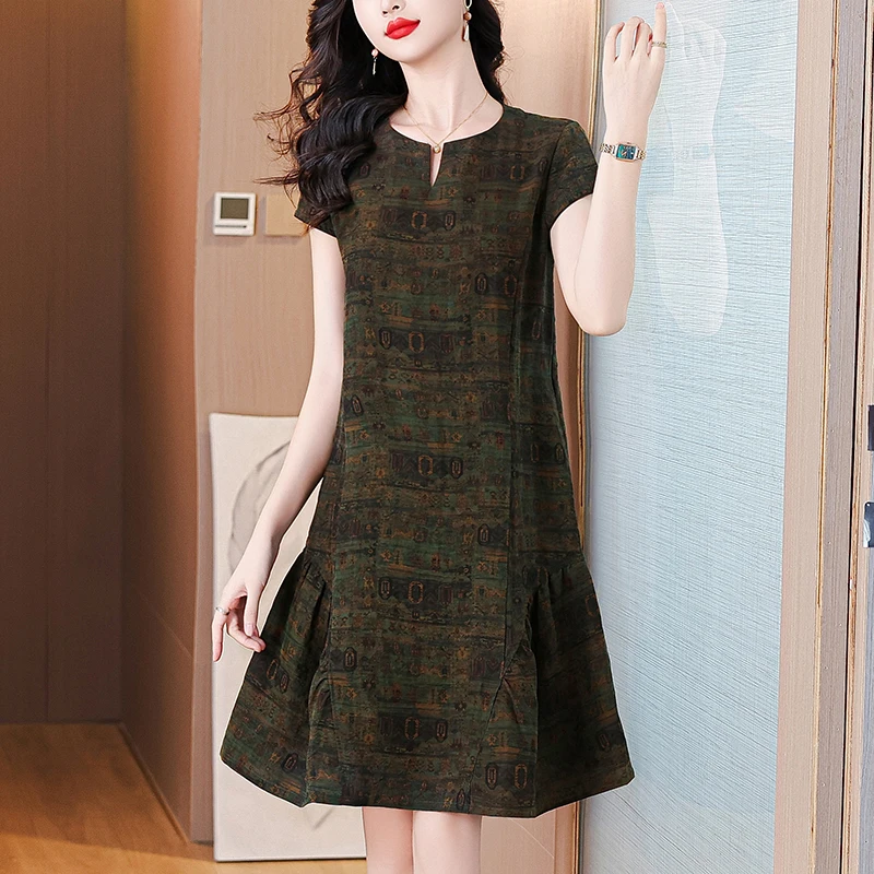 2025 Abito da sera elegante con stampa vintage da donna Vacanza primaverile Boho Hepburn Abiti Abito longuette casual in seta di lusso estivo