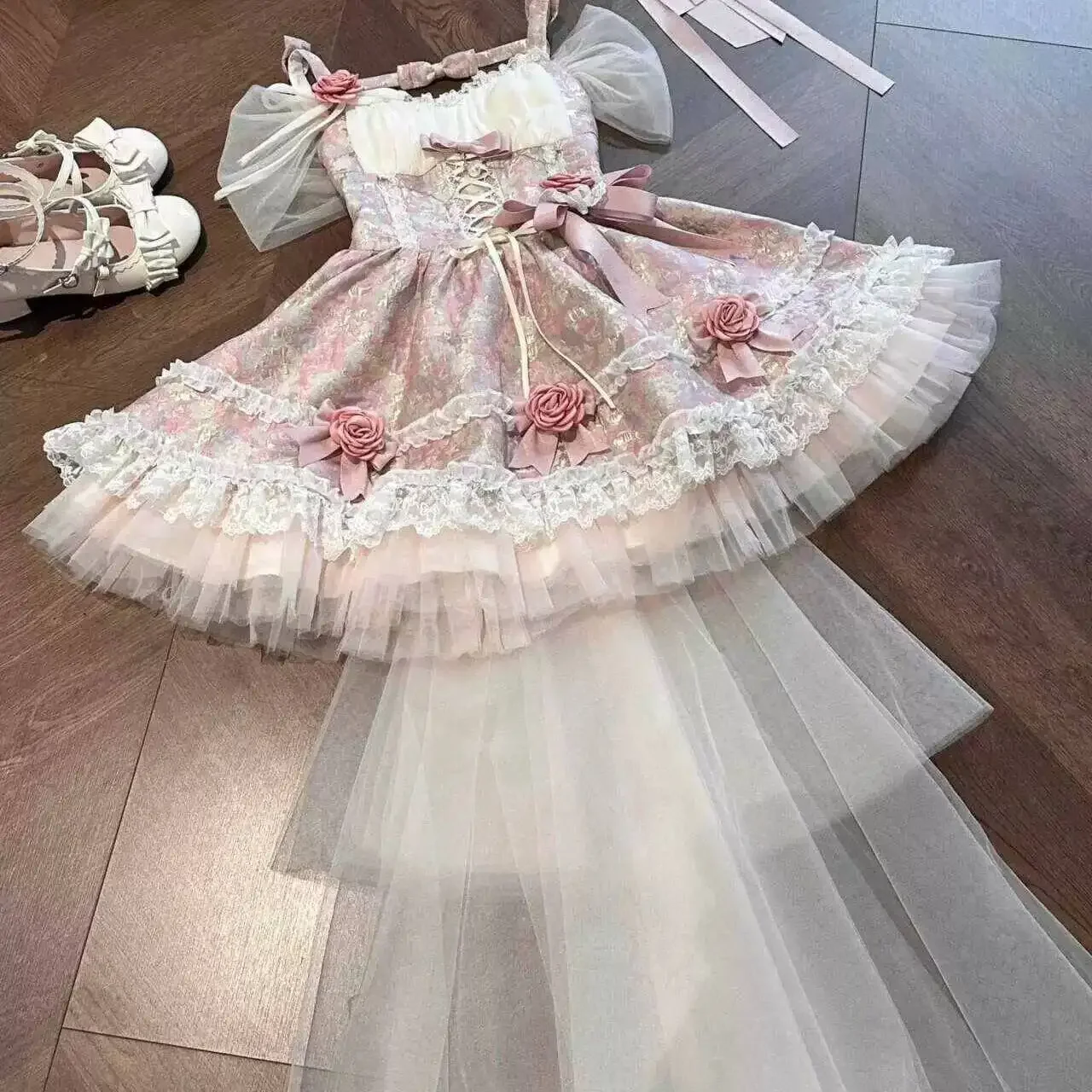 

Japan Summer Fashion Bow Lace Stitching Lolita Dress Girly Sweet Y2k High Waist Slim-Fit Puffy Cake Princess Dress Women Party