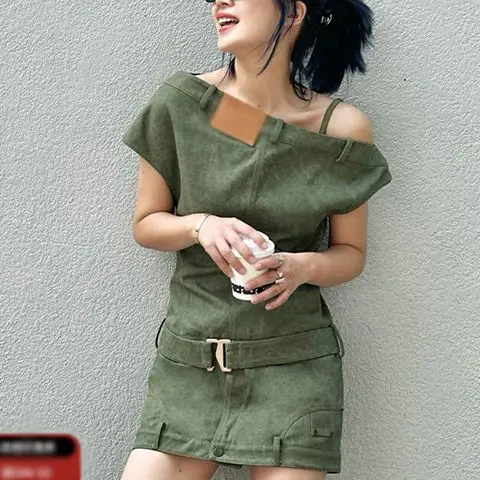 Vintage Off-shoulder Denim Dress for Women, 2025 Summer Hot Girl Crop Top A-line Short Skirt