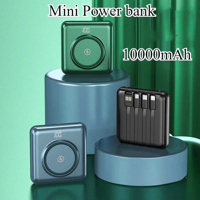 

10000mAh Mini Power Bank Portable Qi Wireless Charger Poverbank built in Cable Type C for iPhone 13 Xiaomi Powerbank