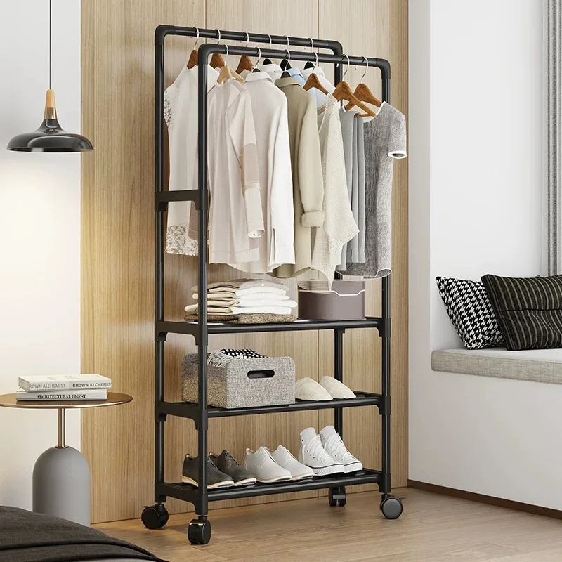 Hot Coat Rack Movable Double Clothes Shelf Simple Rod Clothes Floor-Standing Bedroom Telescopic Floor Hangers Storage Coat Rack