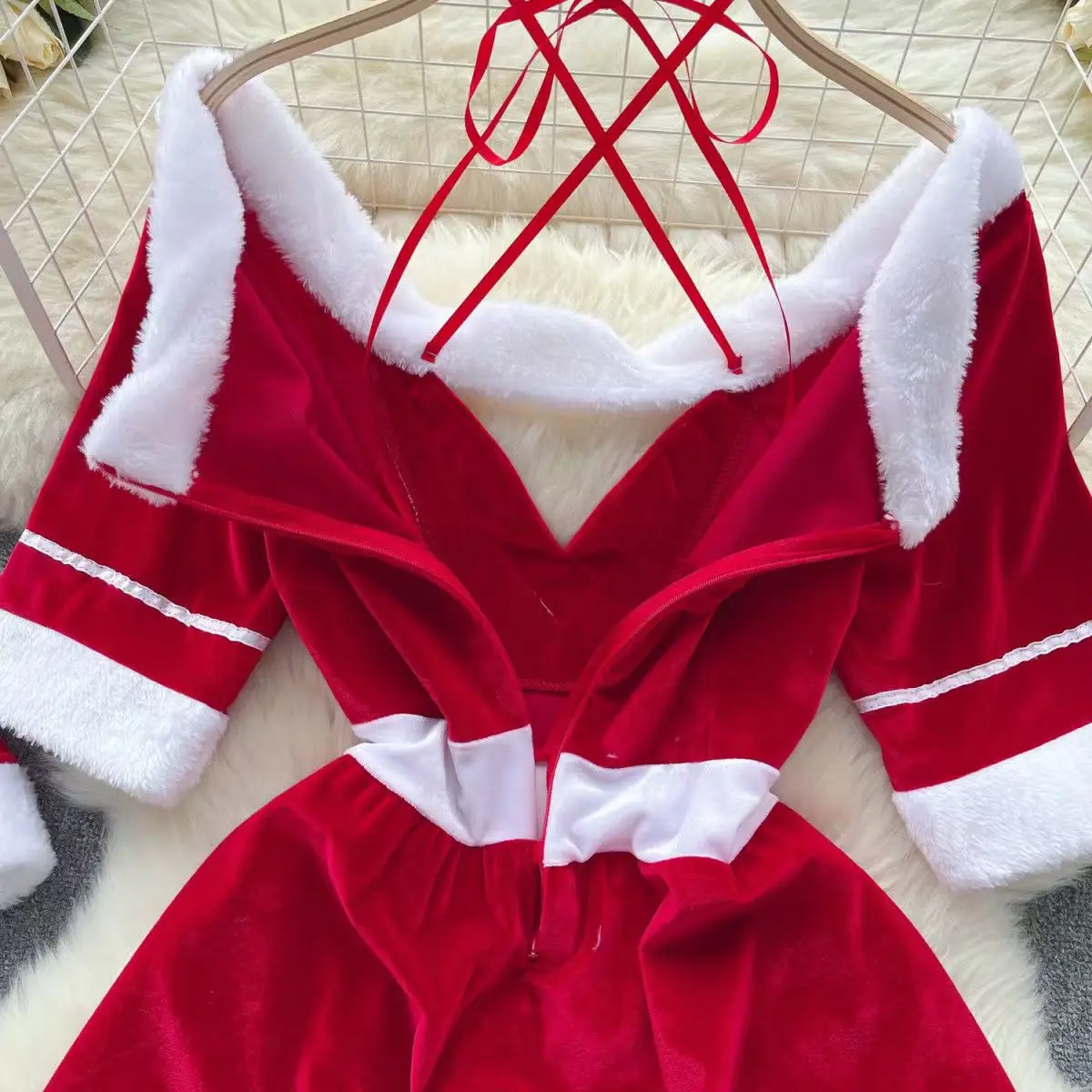 Christmas Cosplay Uniform Women\'s Sexy Short Sleeve Red Mini Dress Slim Halter Neck Slash Neck Erotic Ingerie Cute Sweet Pajamas