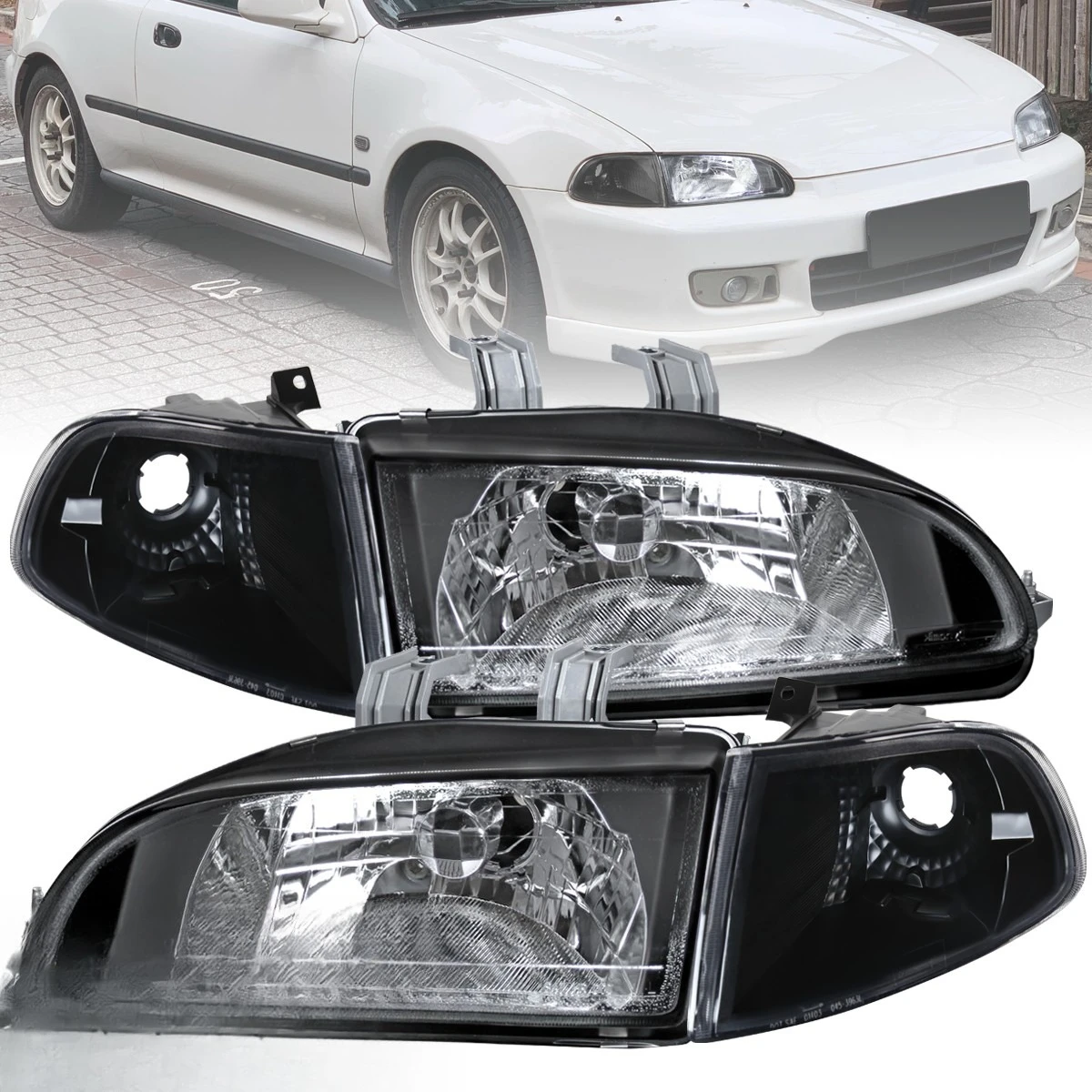 

Headlights+Corner Black Lamps Fits 1992-1995 Honda Civic 2/3Dr EG EH EJ 92-95