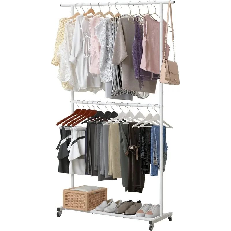 Double Rod Clothing Garment Rack, Rolling Coat Hanger with Bottom Mesh, Clothing Rack for Hanging Clothes, Coats