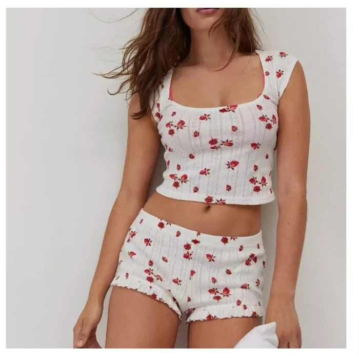 

Sleepwear Women Pajama Set 2025 Summer Heart Print Sexy Ribbed Bow Decor Round Neck Backless Crop Cami Top & Shorts Nightwear