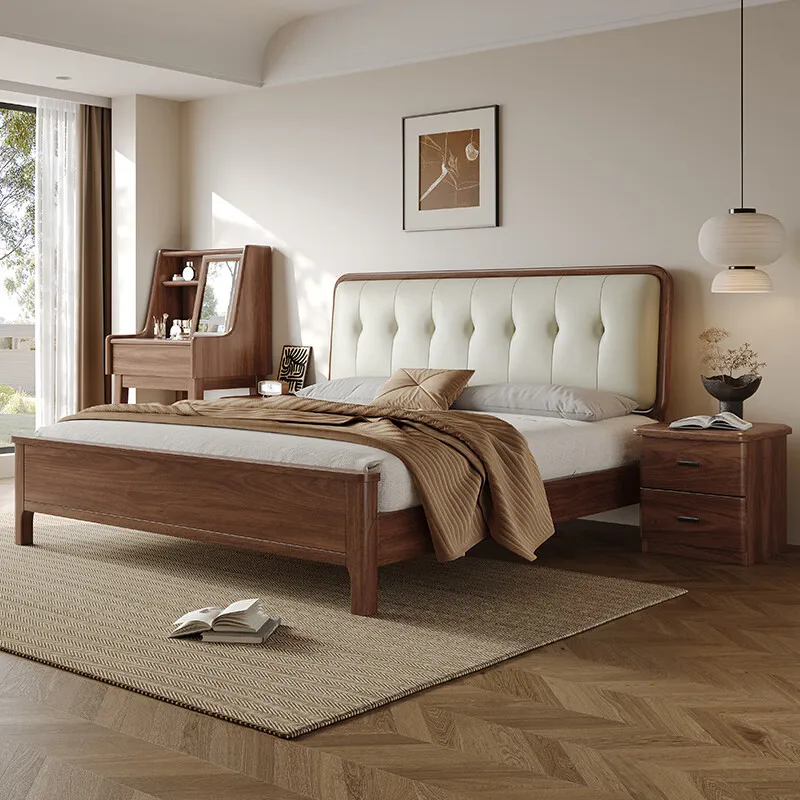 

New Nordic Black Walnut Queen Bed Modern Simple Leather with Luxurious Tufted Design Soft Pack Solid Wood Bedroom Furniture