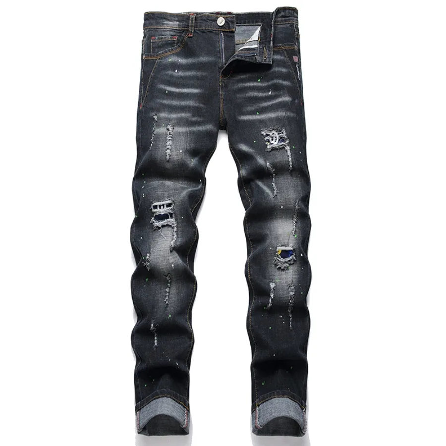 Autumn New Men's Perforated Paint Patch Elastic Slim Fit Casual Jeans