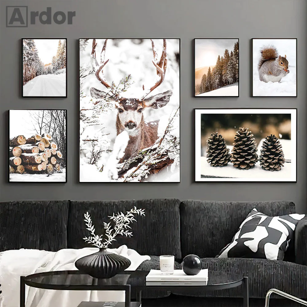 Winter Nature Landscape Canvas Painting Snow Deer Squirrel Animal Poster House Print Nordic Wall Art Picture Living Room Decor