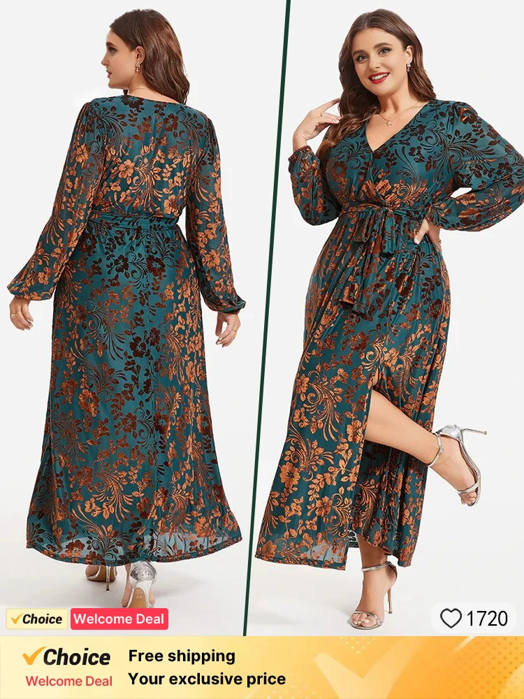 2025 New Green Velvet Dress Fashion Printed Evening Dress Sexy Large Size Long Sleeve Dress Fashion Party Ball Women's Dress