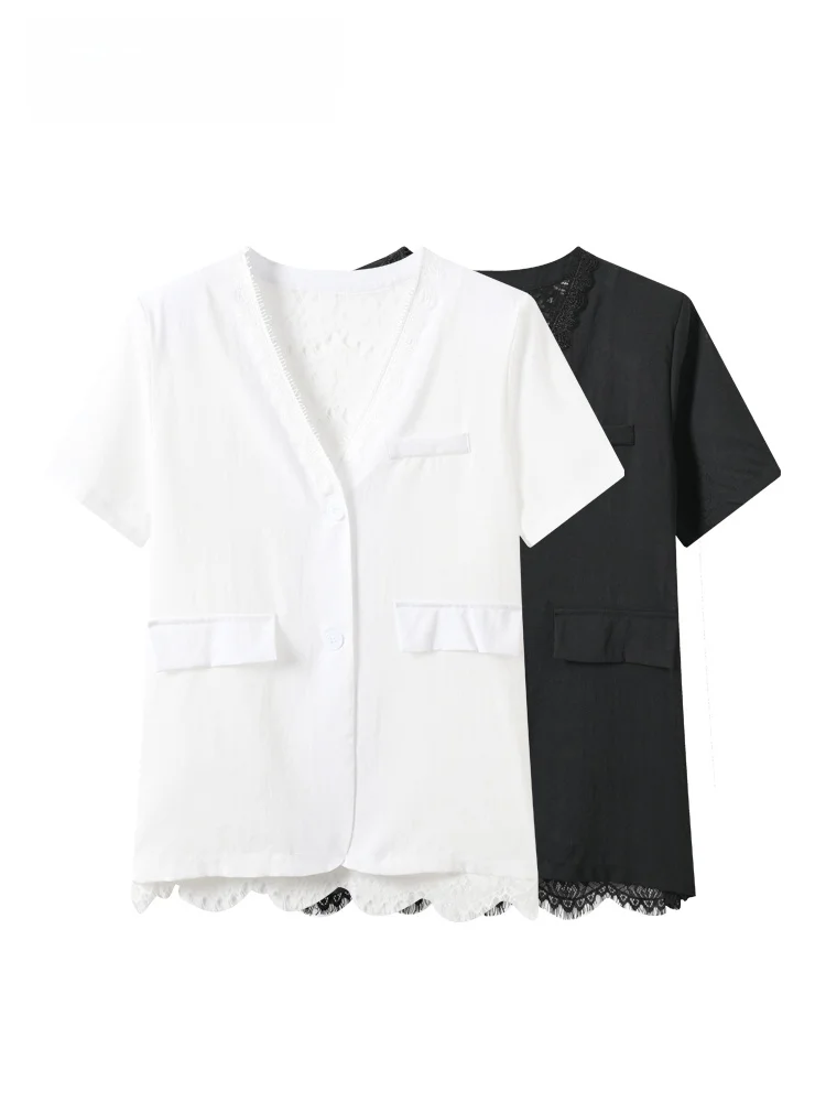 

plus Size Women's Short Sleeve Suit Jacket Lace Hollow out Fashionable Top for Summer CaraCLUB Big Shoulder Style
