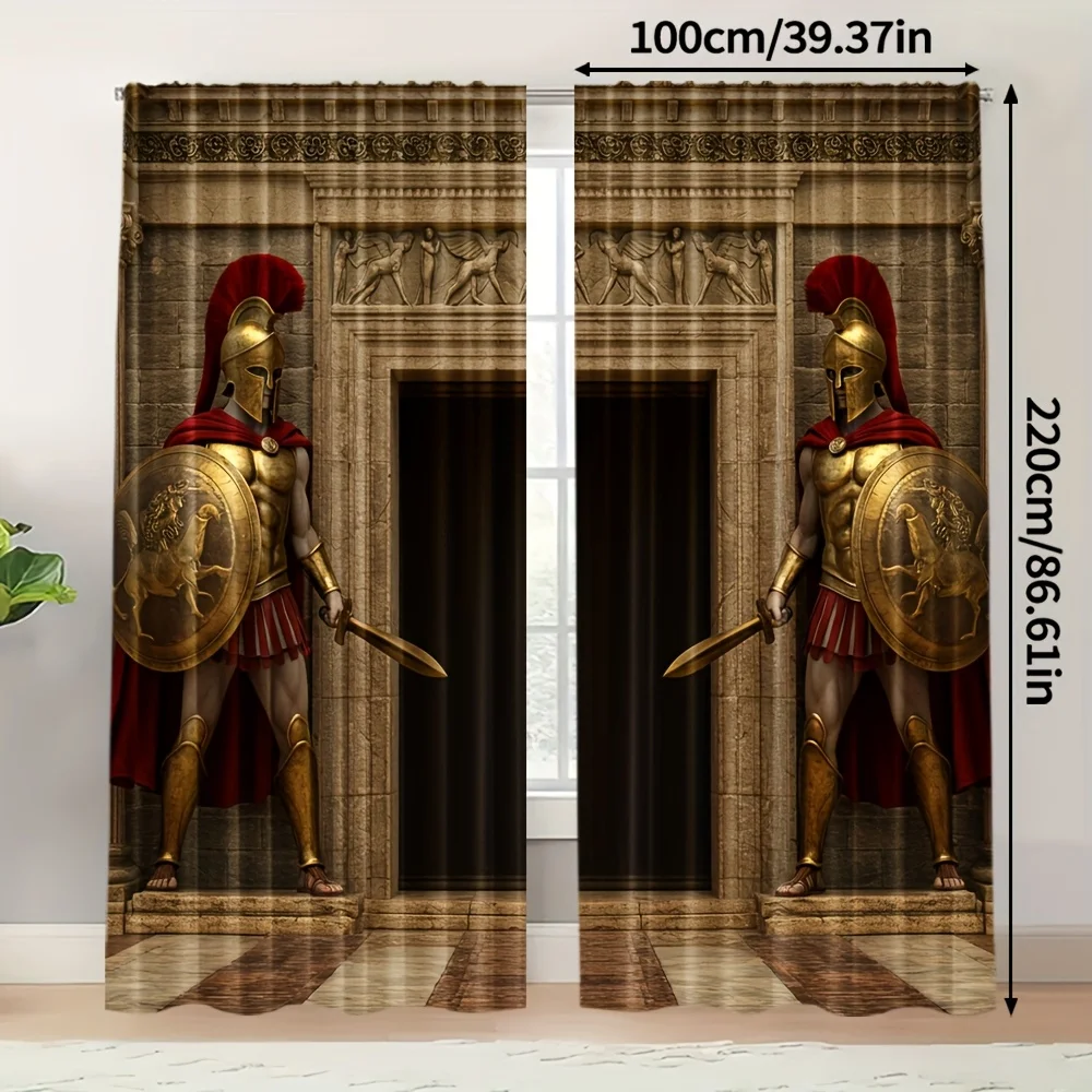 2pcs Spartan Warrior Print Curtains Ancient Roman Soldier Pattern Classical Style Polyester Window Drapes for Living Room