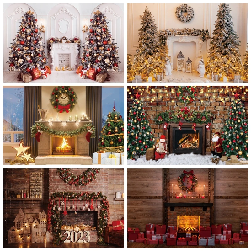 

Christmas Photography Backdrop Tree Fireplace Baby Portrait Photographic Background Kid Photo Studio Photocall Photography Props